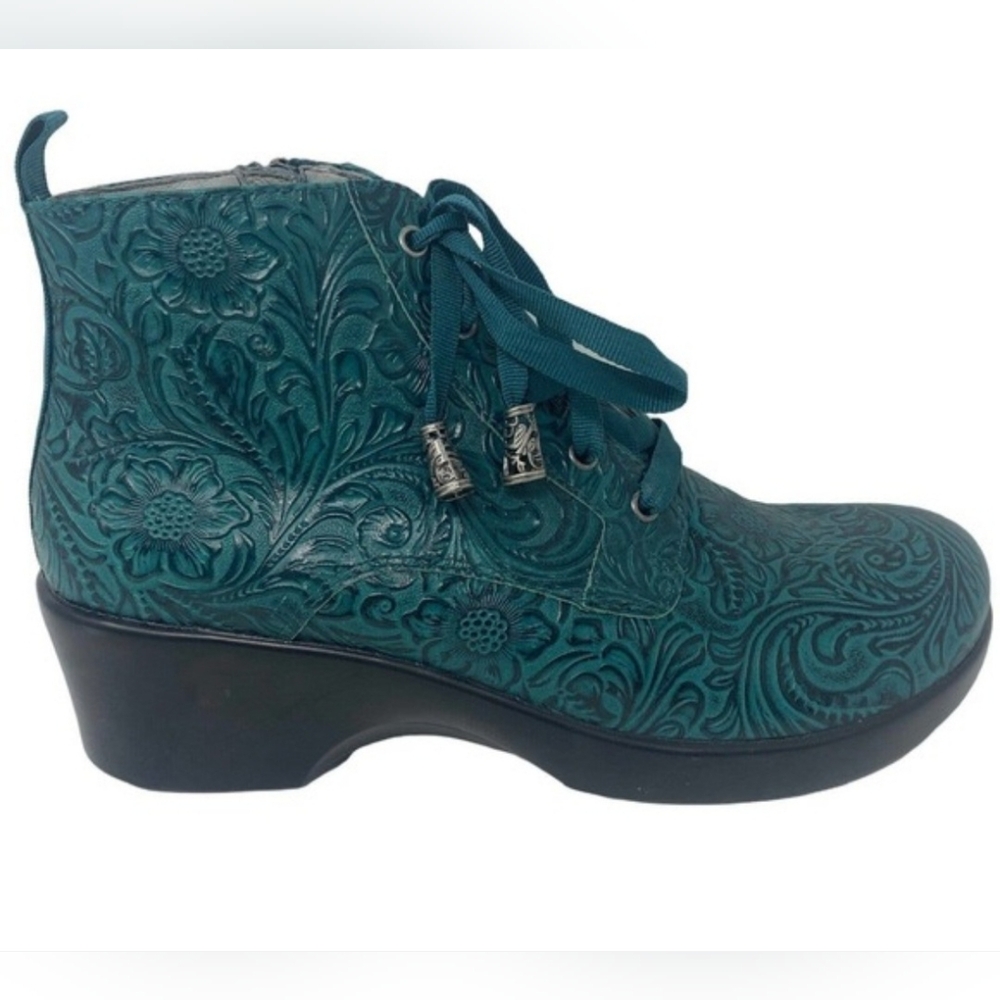 Alegria PG Lite Eliza Ankle Boots Size 37 Embossed Teal Leather Wedge Side Zip